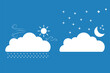 © Hike Studio 2 - Weather icons set including clouds sun moon stars and rain snowflake symbols. mountains clouds rain sun and stars.  Includes sun, rain, wind, cloudy, sun behind cloud, and moon with stars, for apps