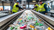 © Mikhail Vorobev - Workers in reflective vests sorting mixed plastic waste on a conveyor belt inside a modern recycling facility for efficient material recovery and sustainability