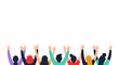 © Alienmarsh - Diverse group of people raising hands up, celebrating success, isolated on white background