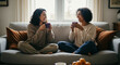 © Arttune - Cozy Conversation with a Warm Beverage: Two friends share intimate moments, sipping from warm mugs, seated on a comfortable sofa, surrounded by natural light, in a scene of serene companionship.