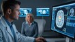 © MMerellinn - Physician reviews crucial brain scan displaying an ischemic or hemorrhagic stroke, perhaps a cerebral infarction, with an anxious older woman during a medical consultation.