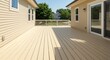 © Darminah - Exterior shot of a large wooden deck between two houses, sunny day