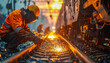 © Argiduna - Operarios con equipo de seguridad reparando vías de tren al amanecer, maquinaria y herramientas en acción, escena industrial hiperrealista con luz natural y gran nivel de detalle.
