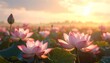 © mienakae - Beautiful field of pink lotus flowers blooming in a serene pond during a warm and golden sunrise, creating a tranquil and picturesque natural landscape with soft light and a peaceful ambiance.