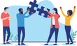 © Nasima - Connecting jigsaw puzzle pieces - Two business people, man and woman solving problem easy and efficient. Flat design vector illustration with white background.