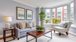 © Matcha_09 - Cozy Living Room with Modern Decor Featuring Bright Windows, Stylish Furniture, and Serene Color Palette in Contemporary Urban Setting