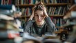 © pinkrabbit - student research sample exam by tablet, prepare for test and learning lessons in the library. stress, despair, haste, misunderstanding reading, discouraged, expectation, knowledge