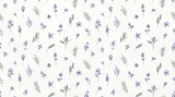 Delicate watercolor illustration of a seamless pattern featuring small lavender flowers and sage green leaves scattered across a soft white background.