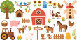 © Shefali - Flat vector illustration set of cute farm animals including cow horse pig sheep goat dog cat chicken and barn windmill tractor for countryside.