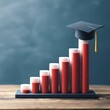 © PhotoVerse - Elegant poto of Graduation cap on a rising bar graph representing educational success and academic progress against a blurred blue wall background.
