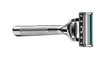 © Amena - A sleek silver razor with a green blade on a transparent background