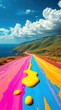 © Enen - A whimsical and vibrant coastal road winds through verdant green hills, dramatically painted with flowing streams of brilliant magenta, vivid blue, and cheerful yellow. Thick, sculptural drops of sunn
