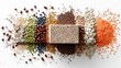 © SALIS - Various grains and beans artfully arranged, a vibrant culinary display, overhead shot