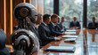 © ChompopsonG - Advanced humanoid robot sitting at a boardroom table with human professionals during a corporate meeting. Artificial intelligence integration.