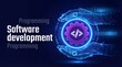 © Aleeza - Glowing hands holding a futuristic gear with code symbol software development concept innovative programming technology digital innovation abstract blue background coding and programming theme