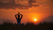 © pecherskiydotkz - Yoga silhouette in Anjali Mudra at sunset, surrounded by tall grass, with warm orange and red skies, evoking serenity, mindfulness, and spiritual calm.