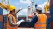 © CuteBee - Two dock workers discuss operations, pointing at a large ship and containers at a bustling sunny commercial port.