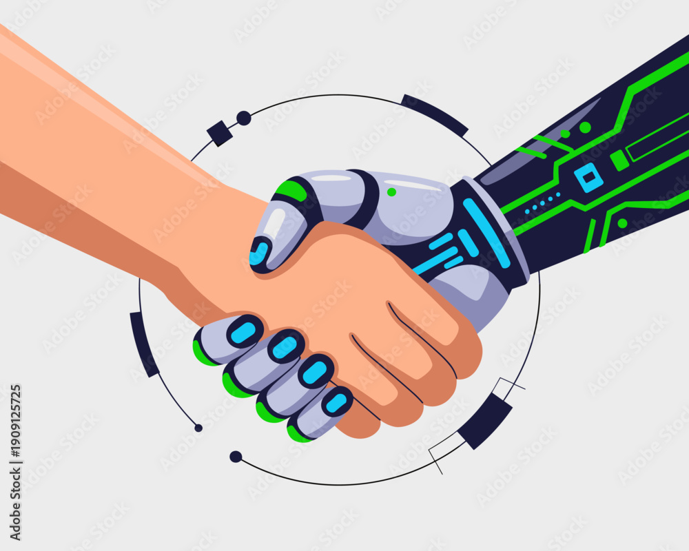 Human hand and robotic arm shaking hands in agreement symbolising ...
