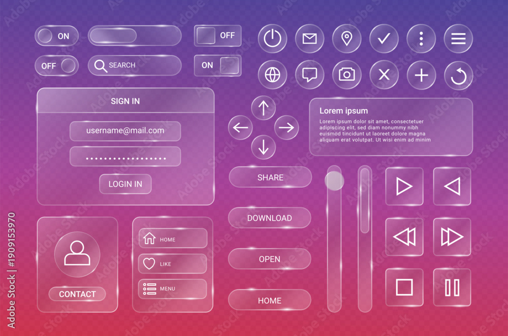 Glassmorphism interface. Transparent glass UI frames. Abstract gradient ...