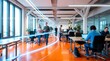 © CuteBee - Dynamic light trails represent data flow and movement through a vibrant, modern open-plan office with professionals working at desks and moving.