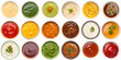 © Akbar - photograph of small white bowls in a grid, each filled with diverse condiments and dipping sauces.