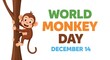 © Sam - Cartoon monkey holding onto a tree trunk celebrates World Monkey Day with bold text on a white background.