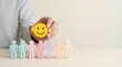© R Studio - Customer satisfaction feedback smiley face human resources positive team employee engagement concept of business leadership, service excellence, and mental health in the workplace.