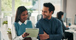 © P2000/peopleimages.com - Business, people and smile with tablet discussion for article feedback, story review and planning. Journalist, editor or tech at coworking agency for blog fact checking, newsletter advice or teamwork