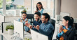 © P2000/peopleimages.com - Business people, team and applause with win at computer for campaign success, positive feedback and fist pump. Coworking, happy employees and online announcement for marketing project achievement