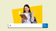 © Prostock-studio - A person is smiling and showing excitement while holding a tablet. They are wearing a backpack. The background is a colorful collage with yellow and simple shapes.