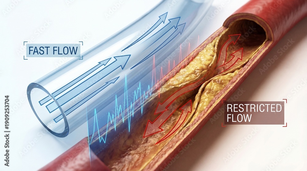 Restricted Circulation Visual representation of blood flow, one healthy with fast flow and the ...