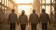 © Miraz - Four construction workers in hard hats walking towards the sunrise at an industrial site, symbolizing hope and progress