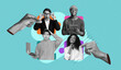 © Prostock-studio - A collection of people shows various responses to technology. Hands interact with different individuals. The scene highlights engagement in digital activities. People look surprised and curious.