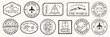 © Rawpixel.com - Vintage travel stamps with travel themes, featuring airplanes, ships, and globes. Travel stamps. Travel icons in black and white. Black travel stamps, vector set.