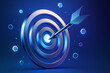 © PixelMasters - Target with arrow hitting bullseye center on blue background with hexagons showing success goal achievement precision accuracy business technology concept 3D render
