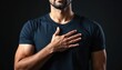 © miss irine - Man places hand over heart with beard. He stands solemnly making a pledge or solemn commitment. This gesture shows allegiance and integrity.
