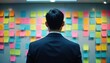 © miss irine - Man in suit looks at colorful sticky notes on wall. He plans project tasks and prioritizes work. Organization strategy is key for his success. He makes important business decisions.