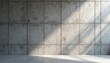 © miss irine - Concrete wall panels feature rough texture, architectural details. Natural side light casts shadows across surface. Floor tiles match wall material. Interior space minimalist aesthetic, industrial