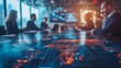 © ainynoer - Business professionals gather around a futuristic digital table displaying a glowing global map with data points suggesting international expansion strategies in a modern conference room setting.