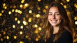 © theo - Woman smiling against gold bokeh background