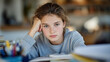 © Maksym - Close-up of a young girlâs stressed expression as she tackles homework, books stacked around her, scattered pens and papers, soft daylight illuminating the scene, visual concept fo