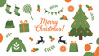 © Saidi - Festive Merry Christmas set with decorated tree knit sweater reindeer holly berries and orange holiday gifts