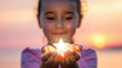 © Dina Photo Stories - Child holding glowing star in hands during sunset, magical atmosphere, inspirational photography for storytelling and dreams, making a wish, hope, magical moment