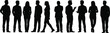 © Abu - Large set of standing people silhouettes in diverse casual and professional outfits, group of men and women isolated on white background vector.