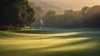 © Kuma - flagstick. Manicured golf green with flagstick in early morning, dew on grass and gentle mist. event key visuals, club posters, designed for fitness apps and gym onboarding, drives event promotion.