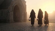 © OlgaNeuroArt - Three nuns carrying baskets of Easter eggs near an old stone church. Religious sisters walking at sunrise. Traditional Catholic Easter celebration