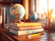 © MDRobiul - Peaceful inspiring setup with books globe and pencil in warm desk light