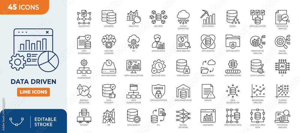 Data Driven icon set. Containing algorithm, big data, analysis ...
