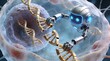 © vectorcorner - Microscopic robot repairing a damaged DNA strand inside a biological cell