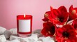 © Srabonti - Elegant red candle surrounded by vibrant red flowers on soft white fabric